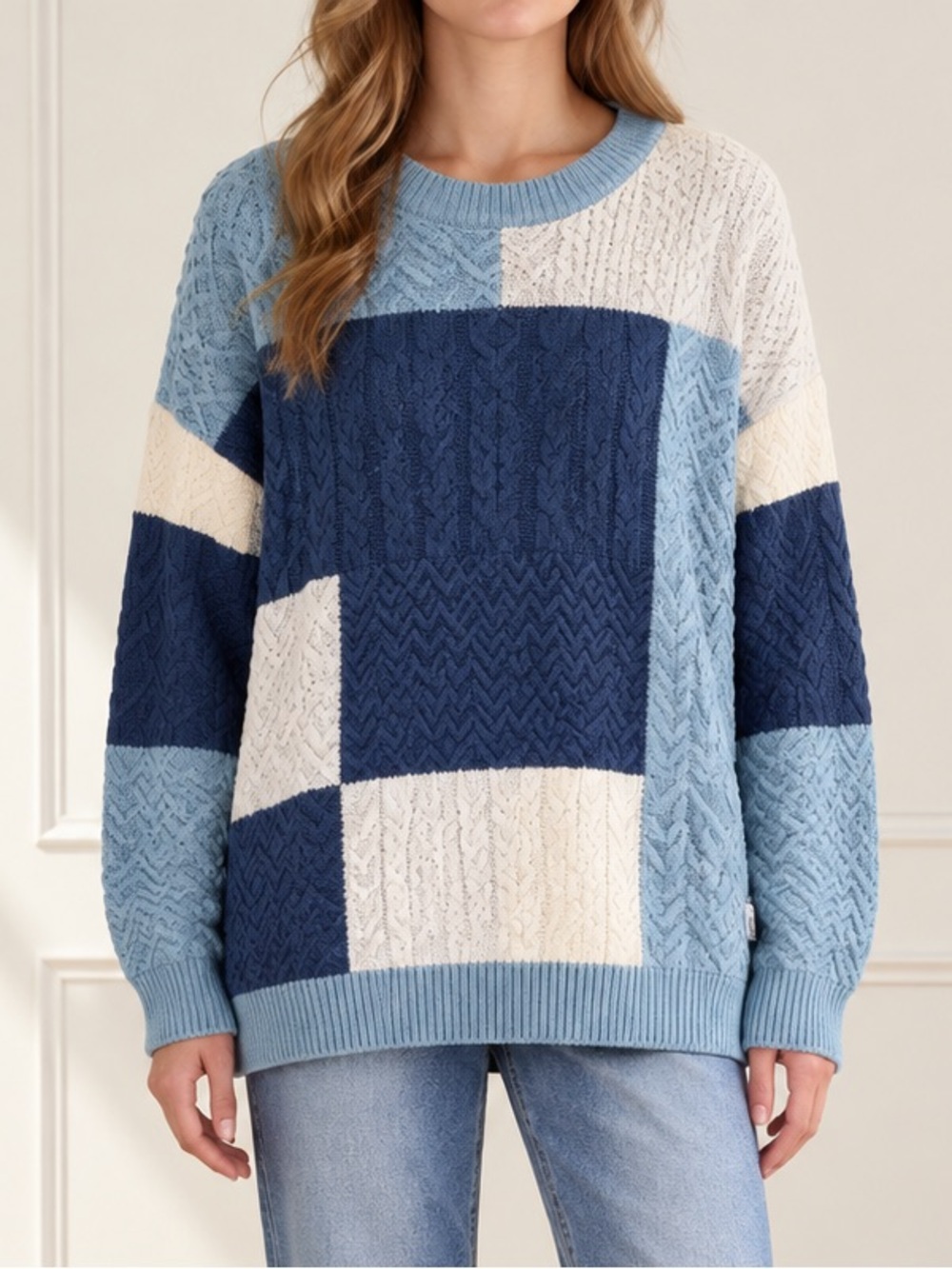Aelfric Eden Sz XL Patchwork Cable Knit Sweater Blue Cream Colorblock Crewneck